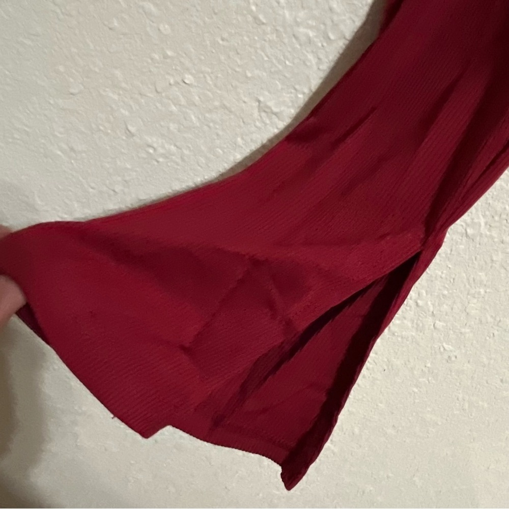 Two Piece Wine Red Outfit Ribbed Top & Pant Set - Picture 5 of 12